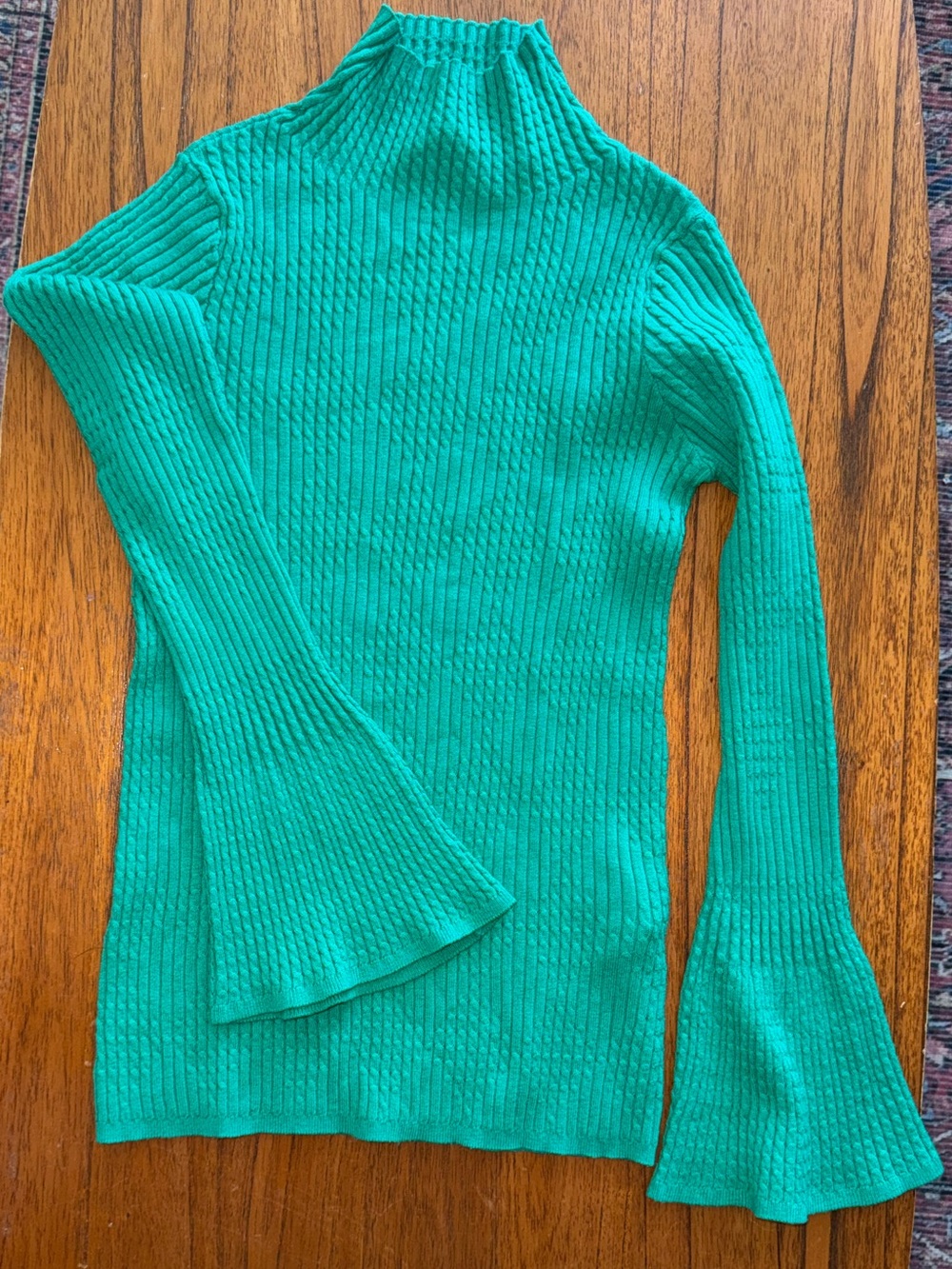 Sandro Bright Green Ribbed Mock Neck Sweater with Bell Sleeves